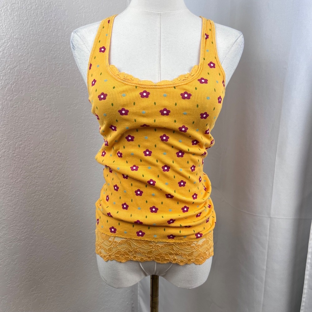 Y2K Energie Tank Top Womens Medium Yellow/Orange Floral Lace Trim Layering Boho